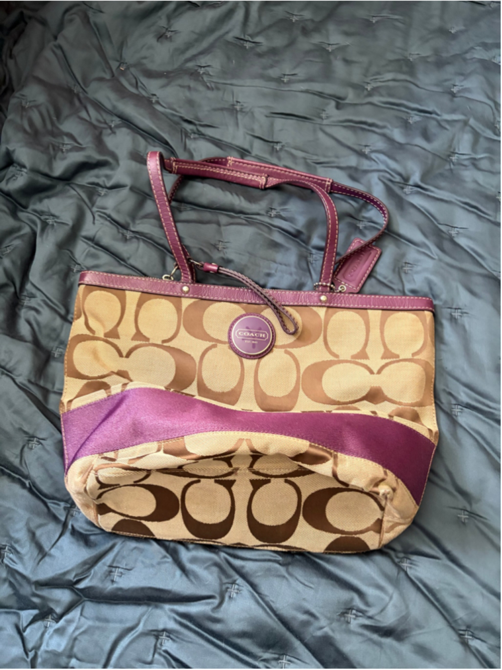 Women's Coach Signature Tote Bag One Size Beige and Purple